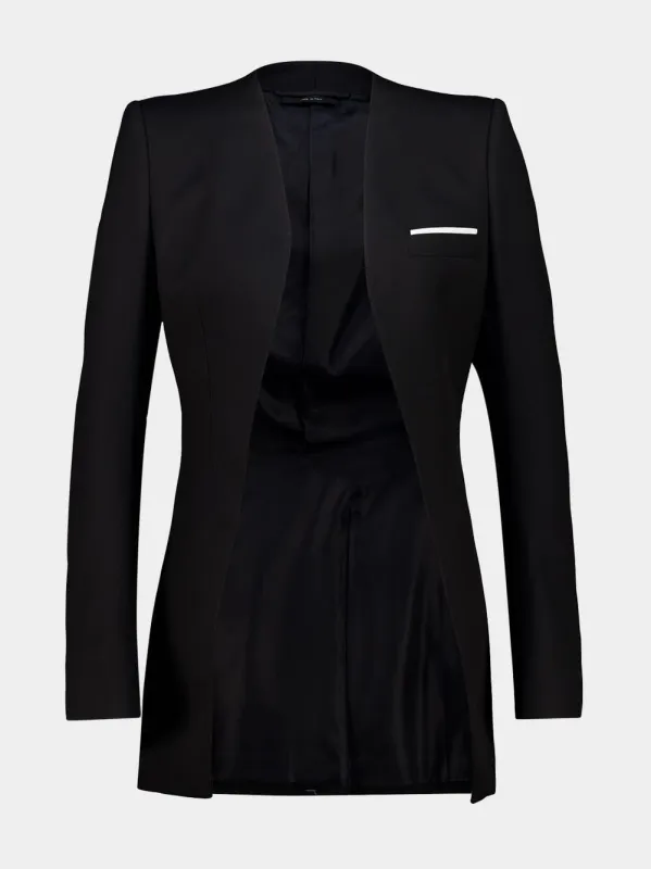 Black Collarless Sharp Wool Silk Panama Jacket made by Tom Ford