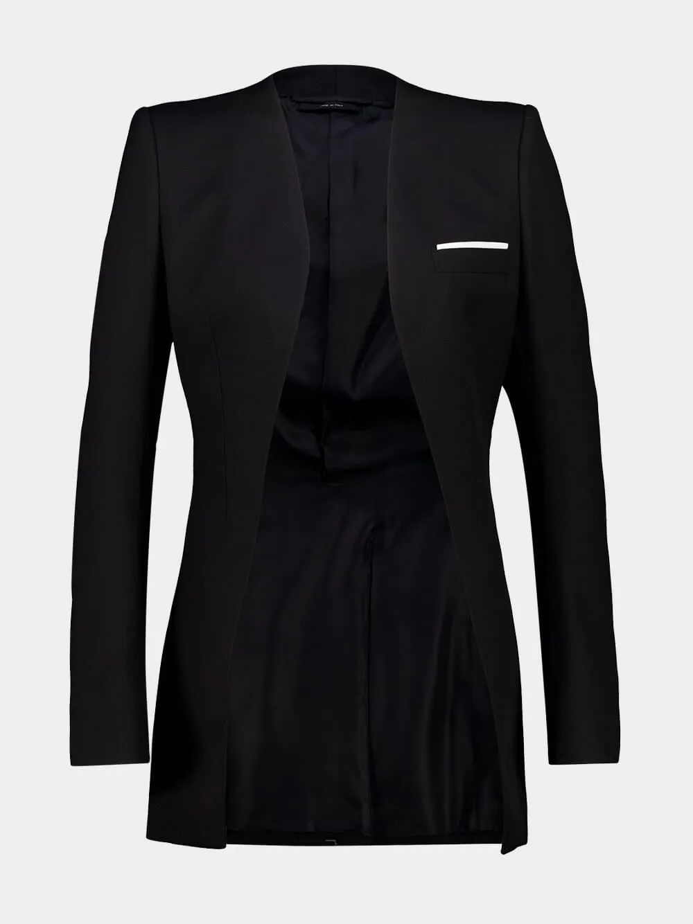 Black Collarless Sharp Wool Silk Panama Jacket sold by Fashion Clinic