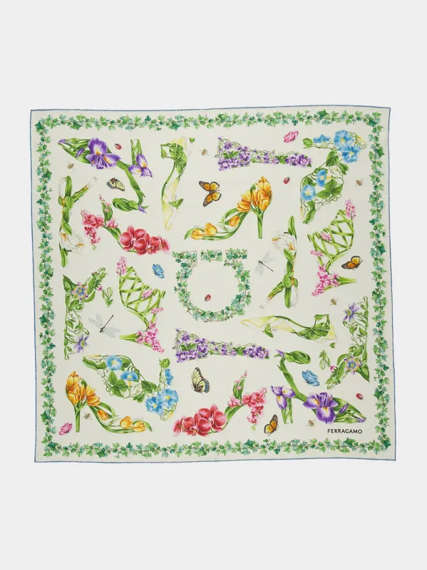 Ivory and Sky Blue Eden Shoes Print Silk Scarf made by Salvatore Ferragamo