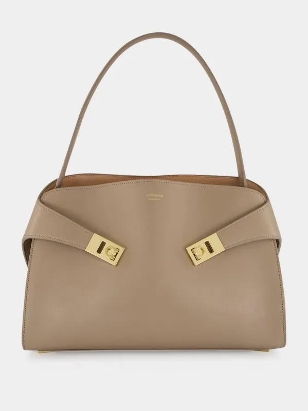 Warm Taupe Medium Hug Soft Shoulder Bag made by Salvatore Ferragamo