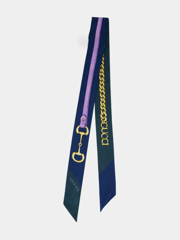 Navy and Dark Green Printed Silk Twill Ribbon made by Gucci