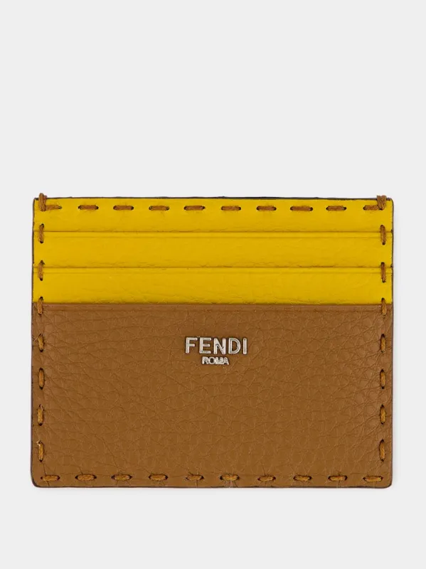 Brown and Sunflower Yellow Selleria Leather Card Case made by Fendi