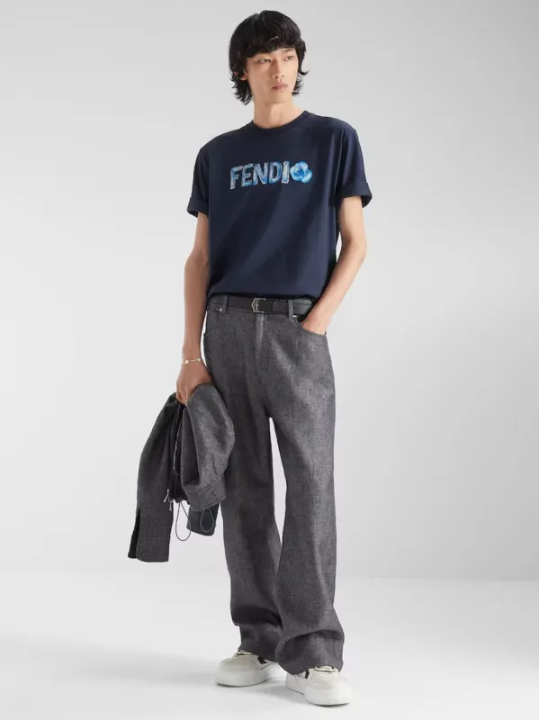 Navy Blue Cotton Flowers T-Shirt made by Fendi