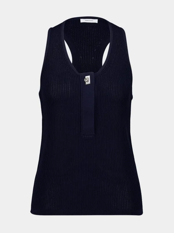 Navy Blue Knitted Racer Back Top made by Salvatore Ferragamo