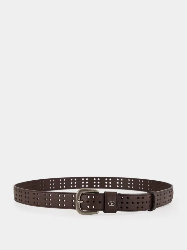 Brown Mini VLogo Signature Perforated Leather Belt made by Valentino Garavani