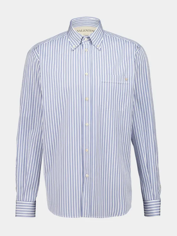 Ivory and Blue Cotton Poplin Shirt with VGold Stripes made by Valentino Garavani