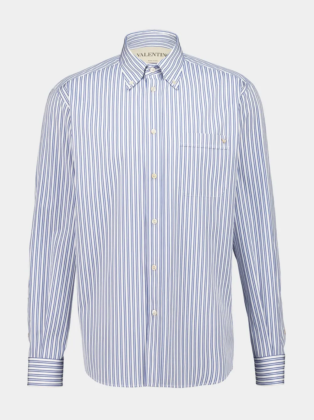 Ivory and Blue Cotton Poplin Shirt with VGold Stripes sold by Fashion Clinic