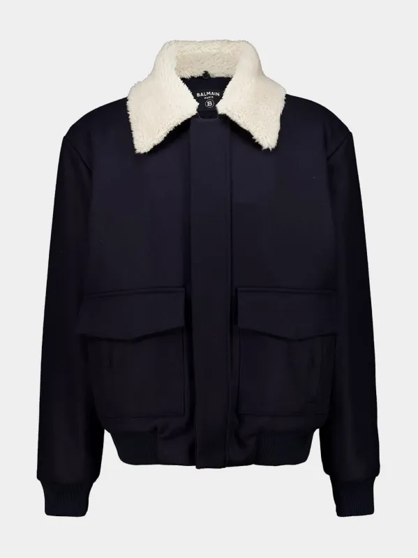 Dark Blue Wool Jacket with White Shearling Collar made by Balmain