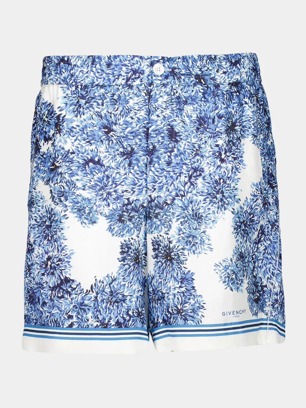 Blue Silk Bermuda Shorts with Pompom Print sold by Fashion Clinic