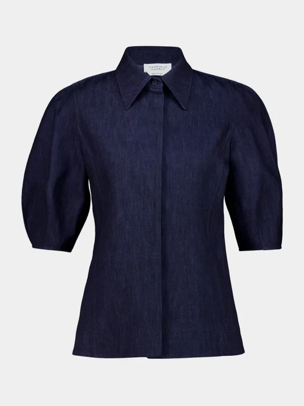 Blue Denim Sansi Short Sleeve Collar Top made by Gabriela Hearst