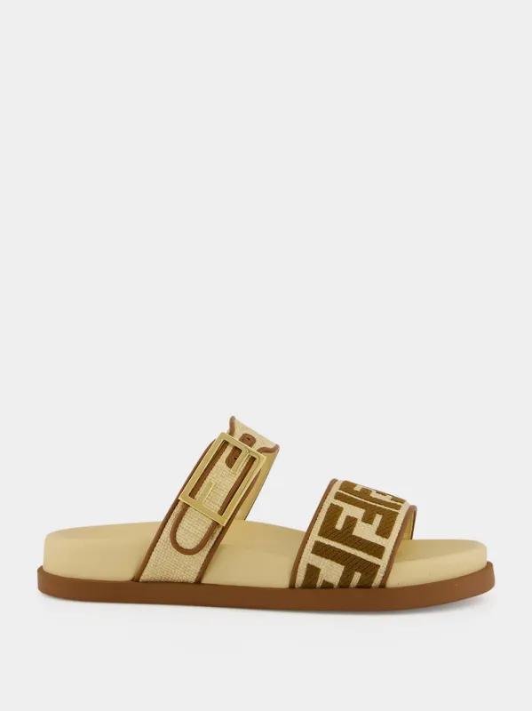 Brown and Beige Feel Raffia Slides made by Fendi