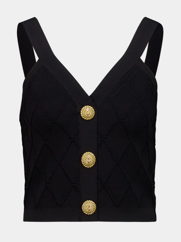 Black Quilted Knit V-Neck Top made by Balmain