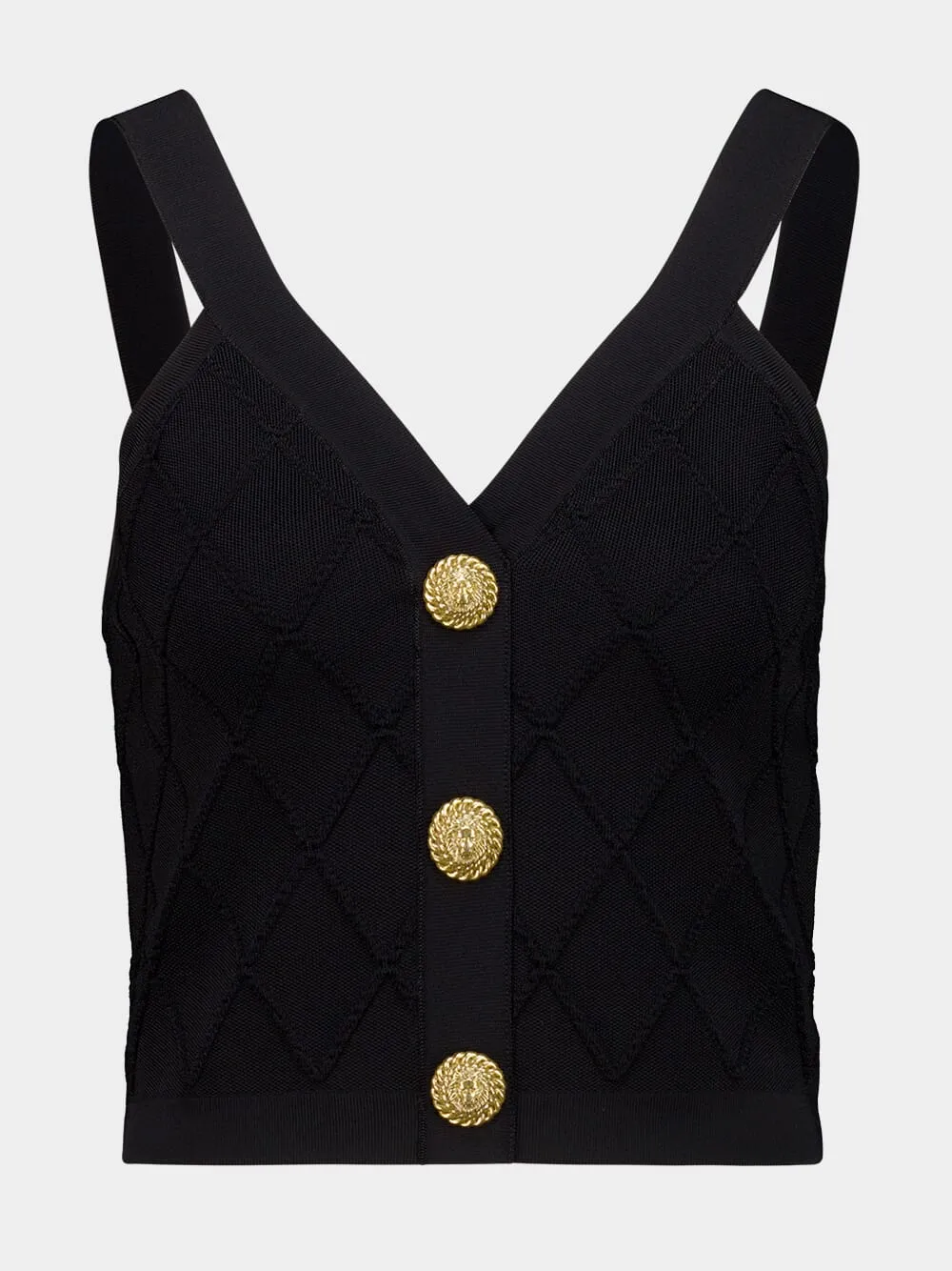 Black Quilted Knit V-Neck Top sold by Fashion Clinic