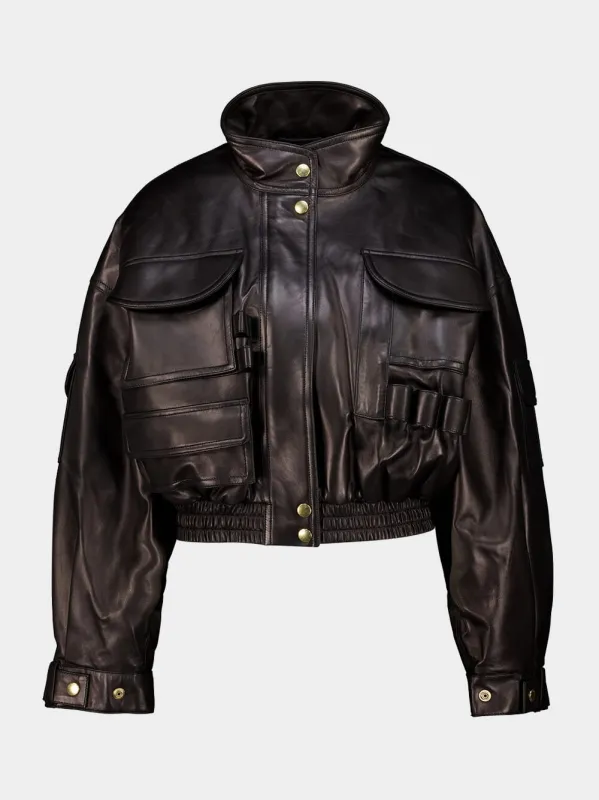 Black Lambskin Cropped Bomber Jacket made by Balmain