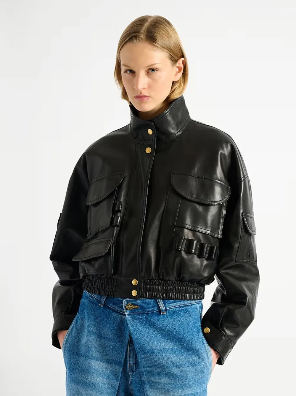 Black Lambskin Cropped Bomber Jacket sold by Fashion Clinic product image thumbnail 2
