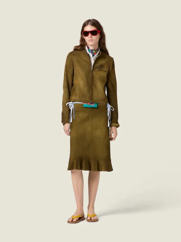 Green Waxed Suede Midi Skirt made by Miu Miu