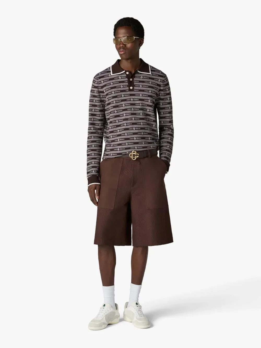 Dark Brown Knit Logo Long Sleeve Polo Shirt sold by Fashion Clinic