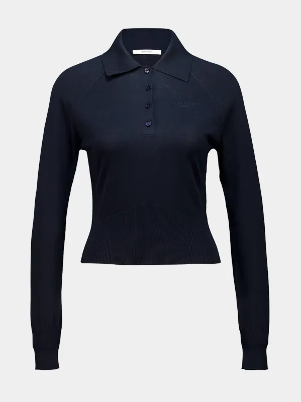 Navy Cotton Silk Knit Long-Sleeve Polo made by Givenchy