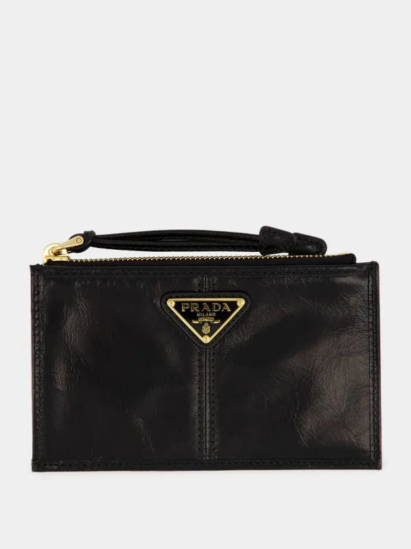 Black Leather Zip Card Holder made by Prada
