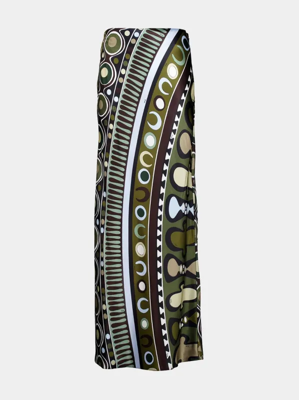 Khaki and Blue Soleil Print Satin Skirt made by Emilio Pucci