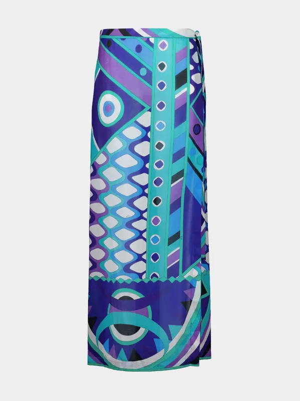 Turquoise and Blue Vivara Print Cotton Sarong Skirt made by Emilio Pucci