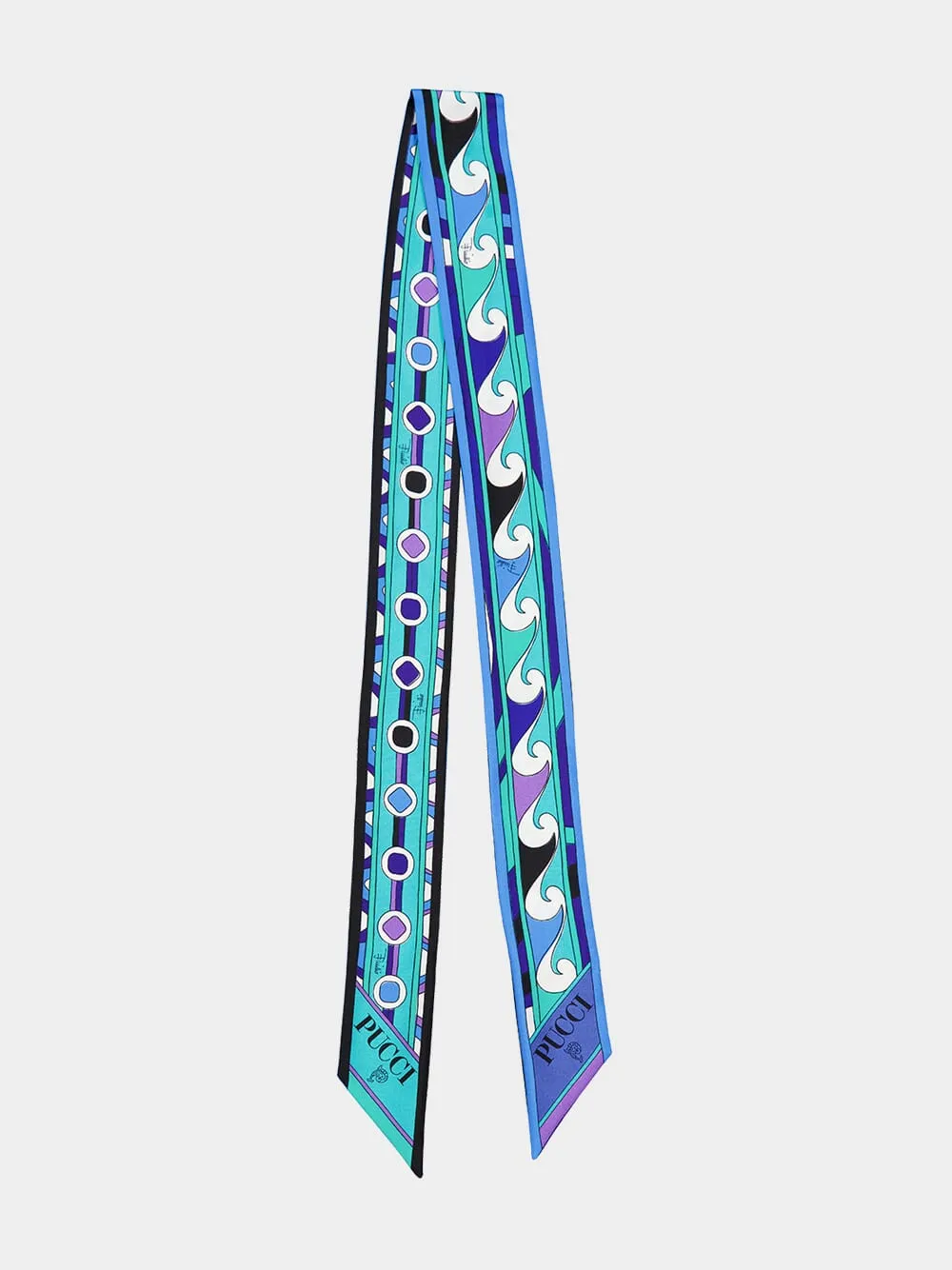 Turquoise and Blue Mixed Print Silk Twill Scarf sold by Fashion Clinic
