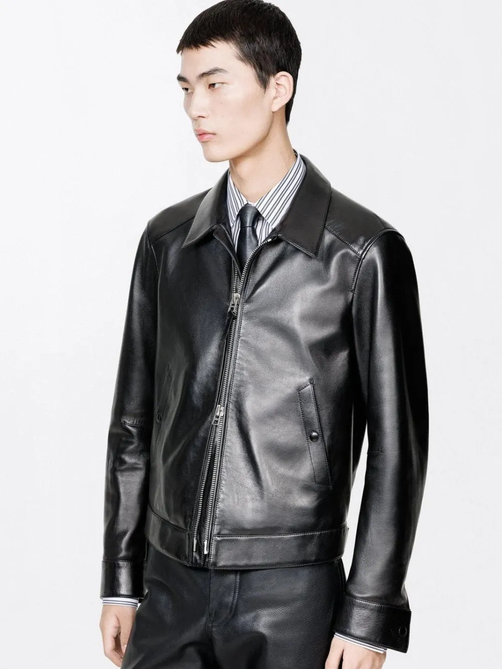 Black Nappa Grain Leather Collar Blouson sold by Fashion Clinic product image thumbnail 2