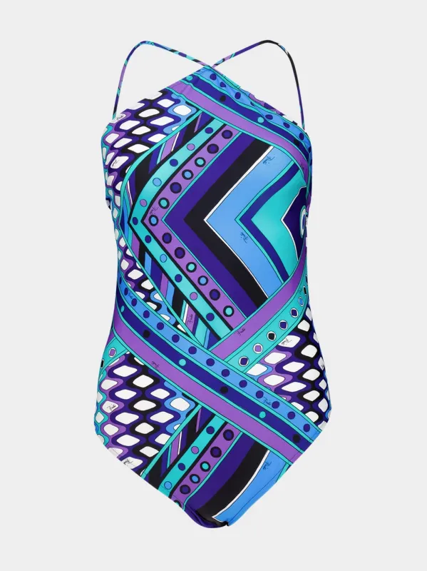 Turquoise and Blue Vivara Print Cross-Strap Swimsuit made by Emilio Pucci