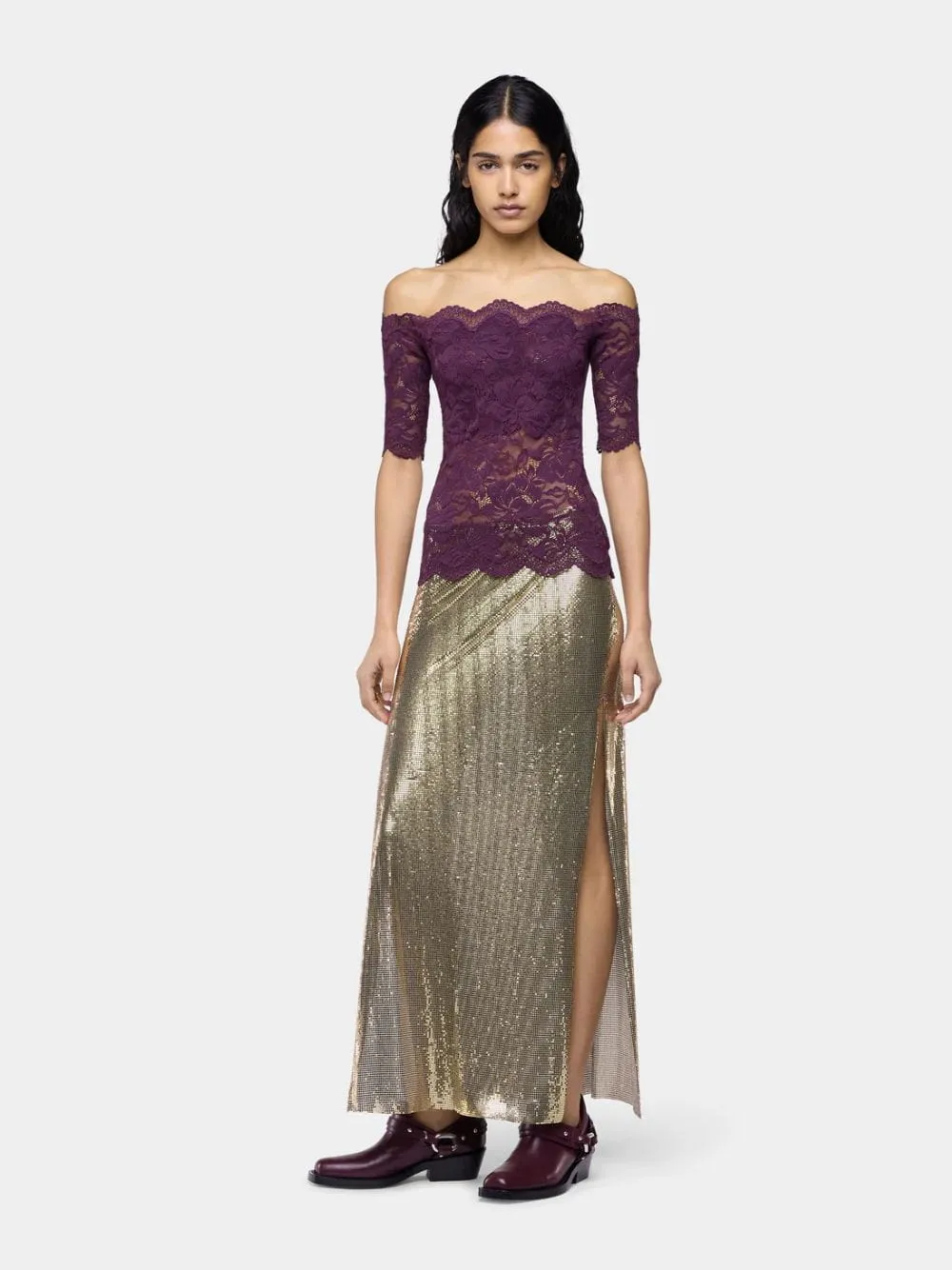 Magenta Layered Lace Off-Shoulder Top sold by Fashion Clinic