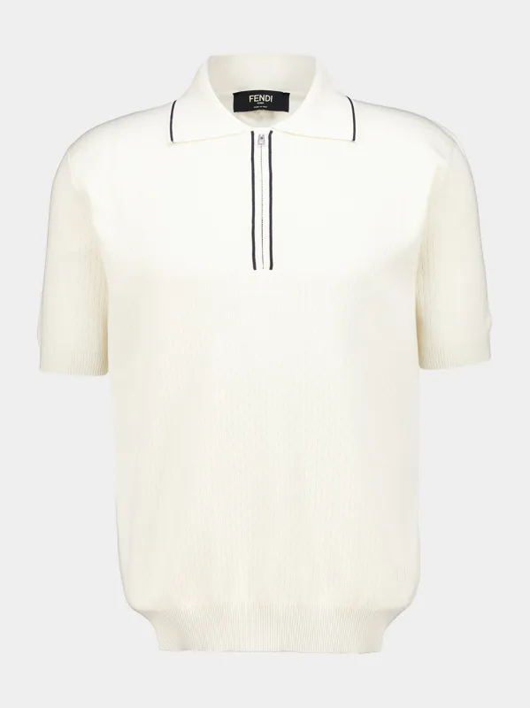 White Silk and Cotton Zip Polo Shirt made by Fendi