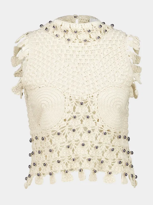 Ecru Handmade Crochet Sleeveless Top made by Rabanne