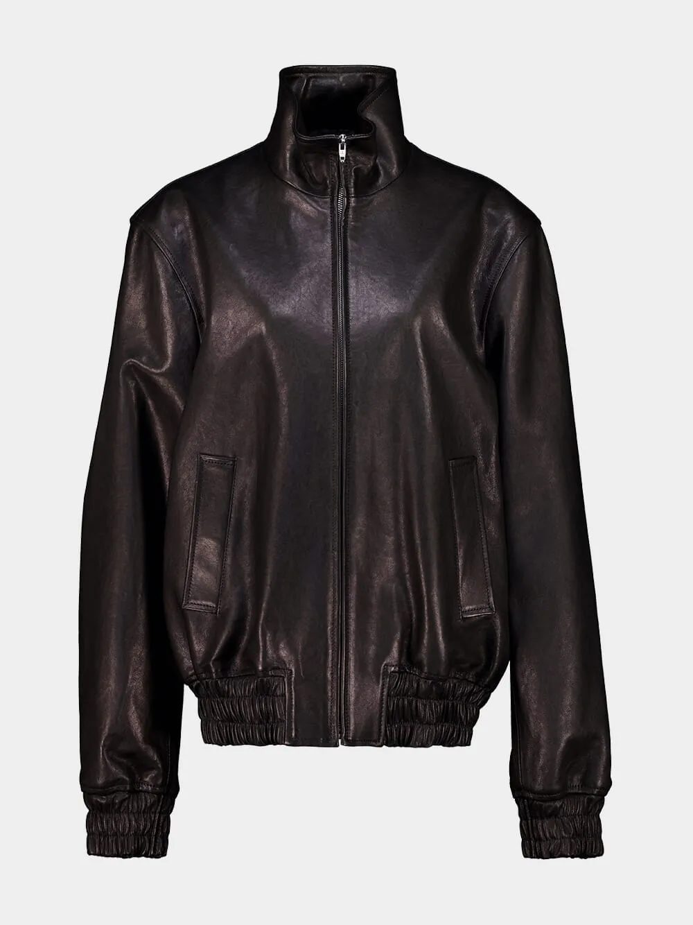 Black Zipped Leather Bomber Jacket sold by Fashion Clinic