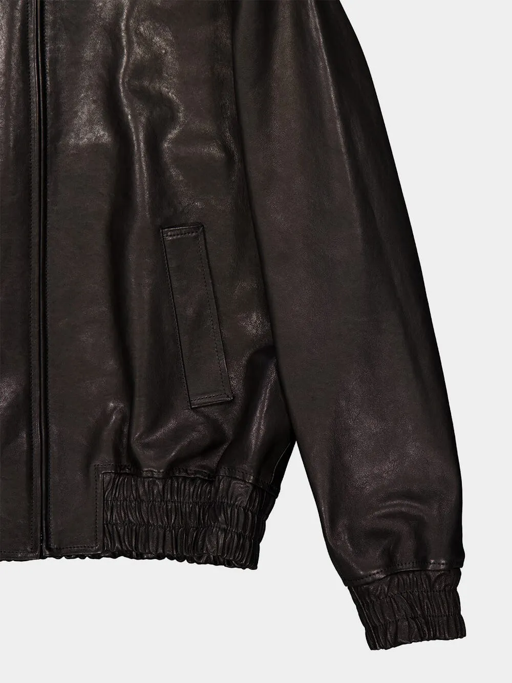 Black Zipped Leather Bomber Jacket sold by Fashion Clinic product image thumbnail 4