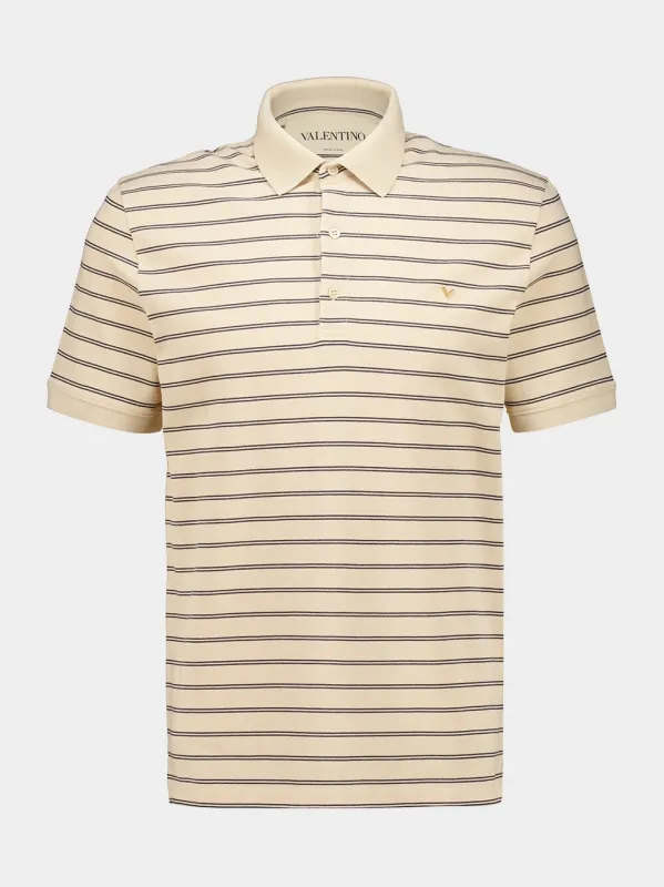 Beige and Navy Striped Cotton Piqué Polo Shirt made by Valentino Garavani