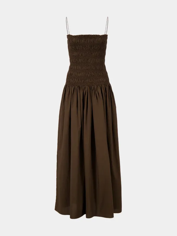Chocolate Brown Shirred Maxi Dress made by Matteau
