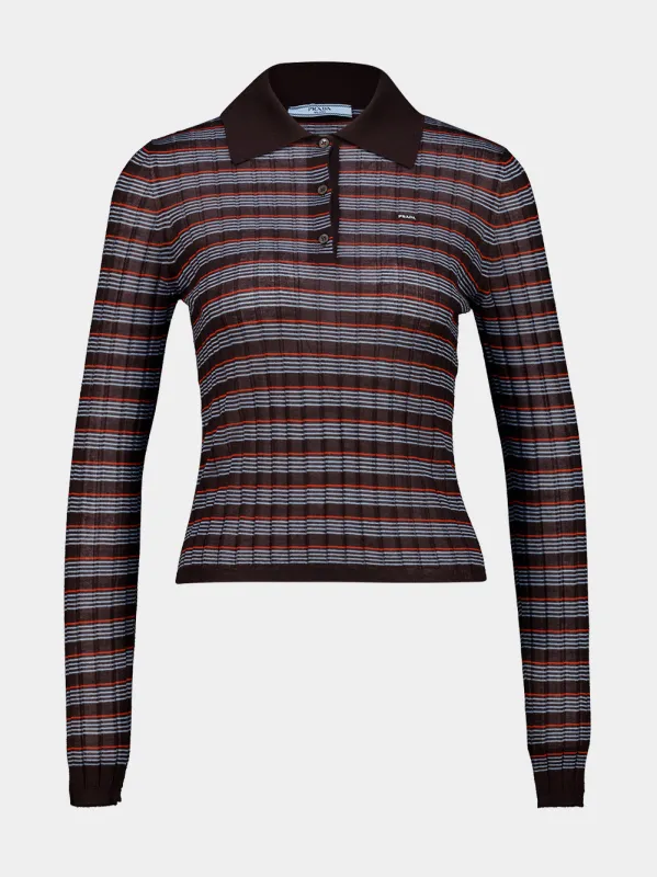 Brown Striped Virgin Wool Silk Polo Top made by Prada
