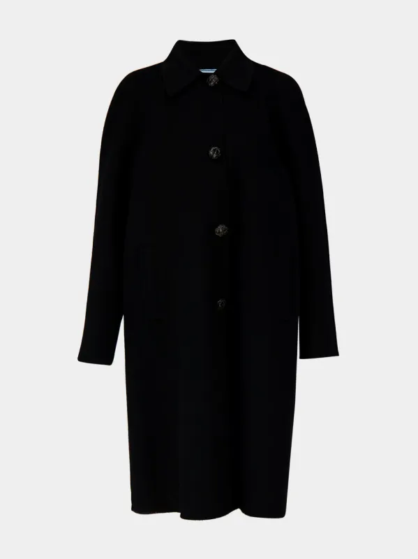 Black Virgin Wool Coat with Leather Buttons made by Prada