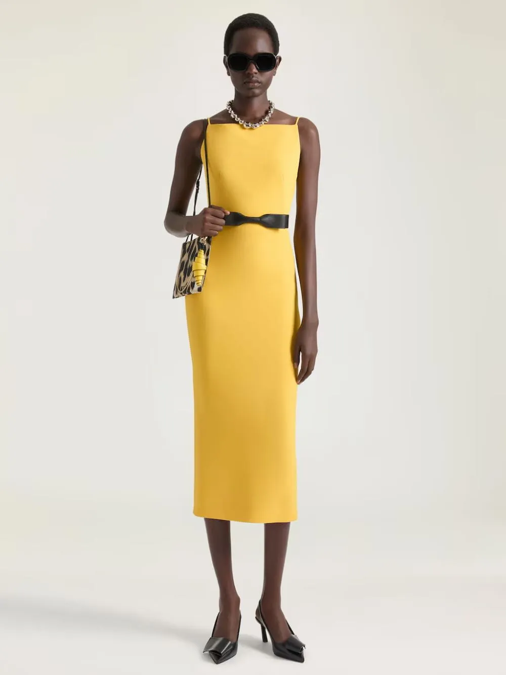 Golden Yellow Crepe Cady Midi Dress sold by Fashion Clinic