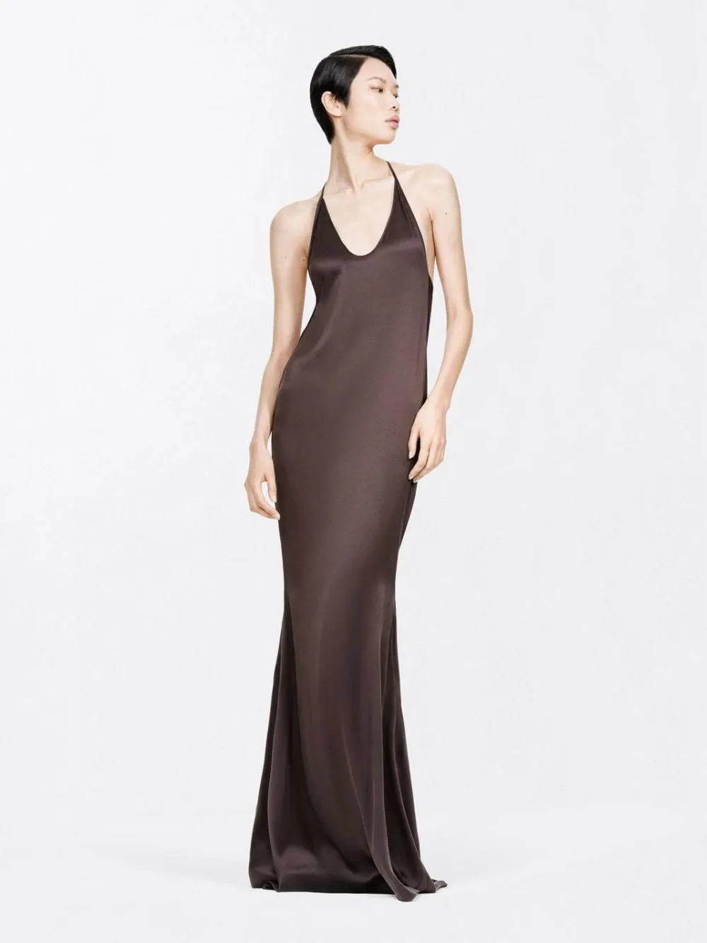 Espresso Silk Satin Halterneck Maxi Dress sold by Fashion Clinic