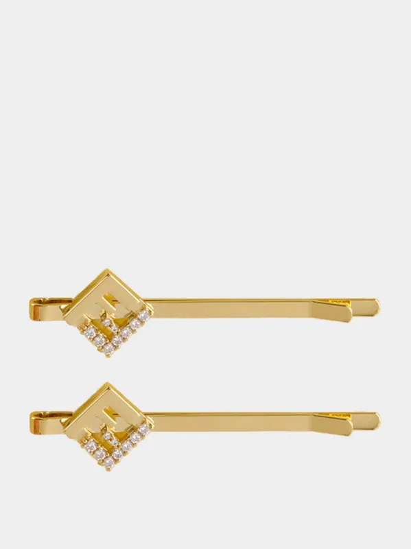 Gold FF Crystal Hair Clips Set made by Fendi