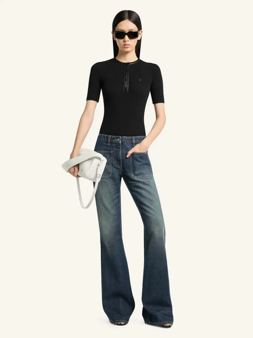 Black Rib Knit Polo Top sold by Fashion Clinic