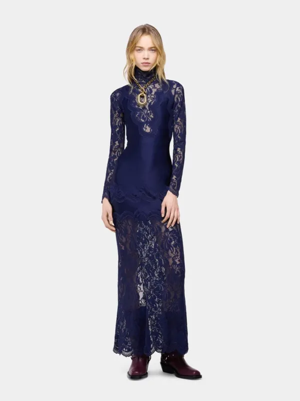 Deep Navy Lace and Jersey Maxi Dress made by Rabanne