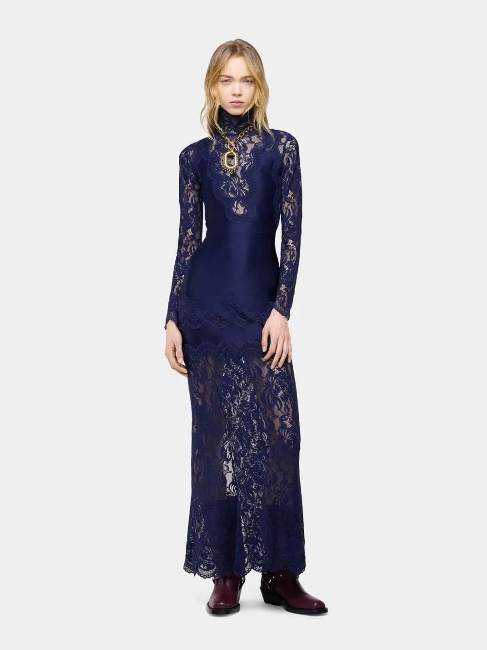 Deep Navy Lace and Jersey Maxi Dress sold by Fashion Clinic