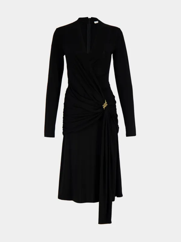 Black Gathered Waist Viscose Midi Dress made by Salvatore Ferragamo