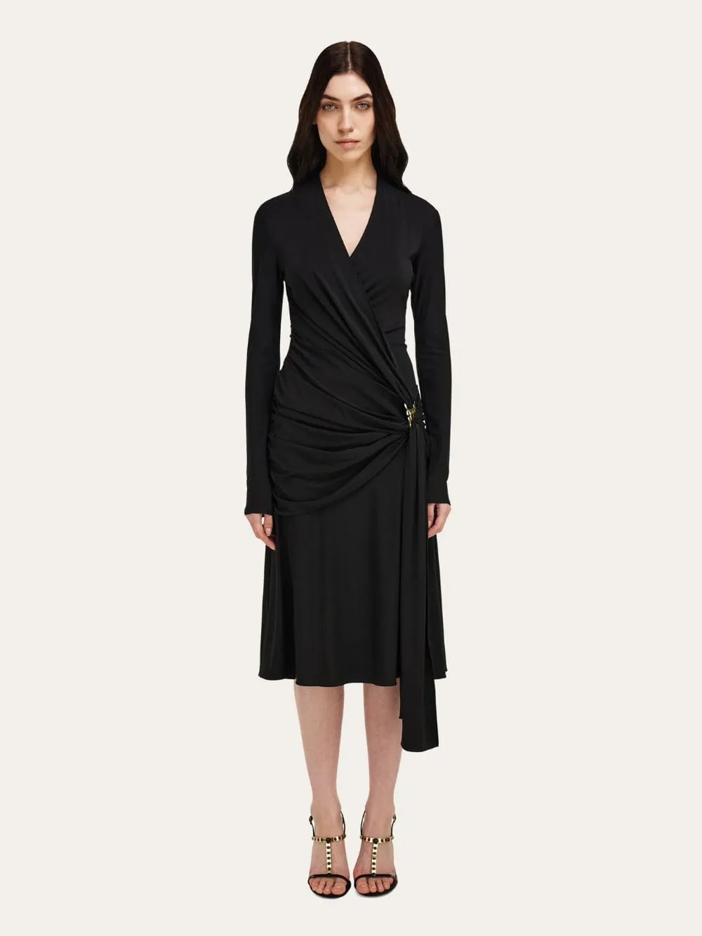 Black Gathered Waist Viscose Midi Dress sold by Fashion Clinic product image thumbnail 2