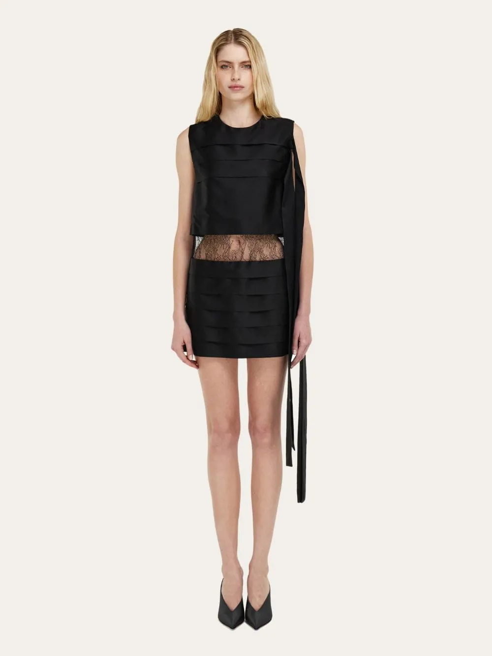 Black Silk Mini Dress with Lace Detail sold by Fashion Clinic