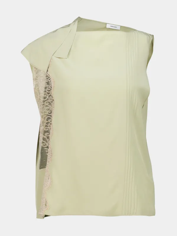 Burnt Sage Silk Lace Insert Top made by Salvatore Ferragamo
