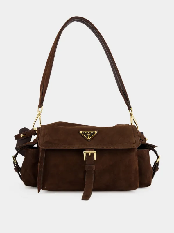 Cocoa Brown Explore Medium Suede Bag made by Prada