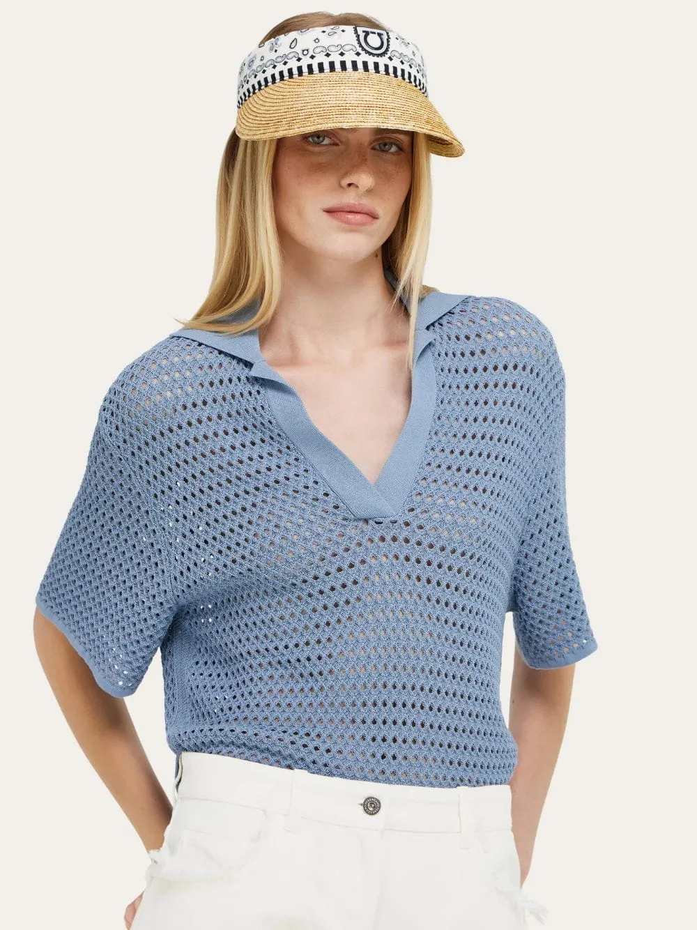 Sky Blue Arabesque Print Straw Visor sold by Fashion Clinic product image thumbnail 2