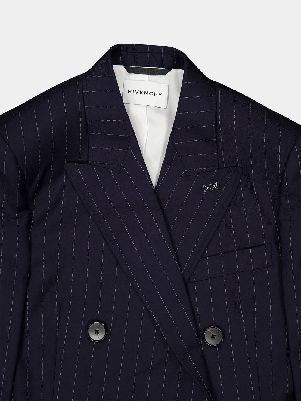 Dark Navy Double-Breasted Wool Pinstripe Blazer sold by Fashion Clinic product image thumbnail 5